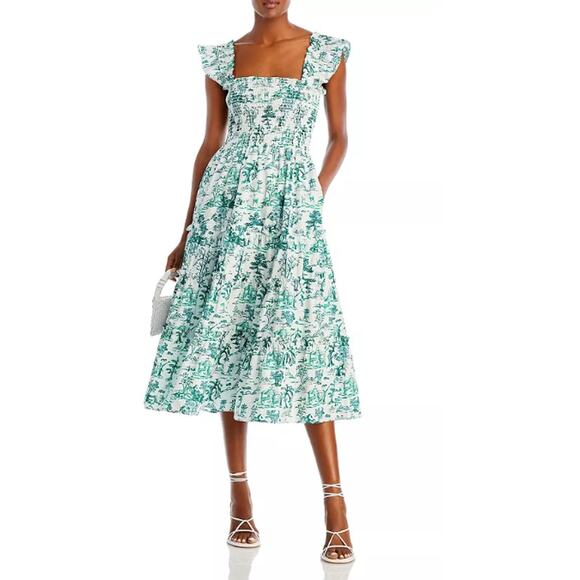 AQUA FLORAL COTTON MIDI PRINTED WHITE GREEN SMOKED SUNDRESS DRESS XS! - Picture 1 of 6